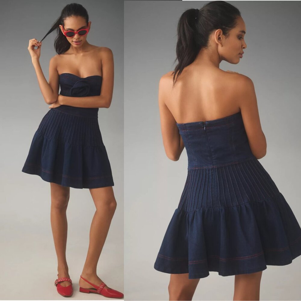 NEW Anthropologie Maeve Rosette Strapless Fit & Flare Denim size 8 nwt blue